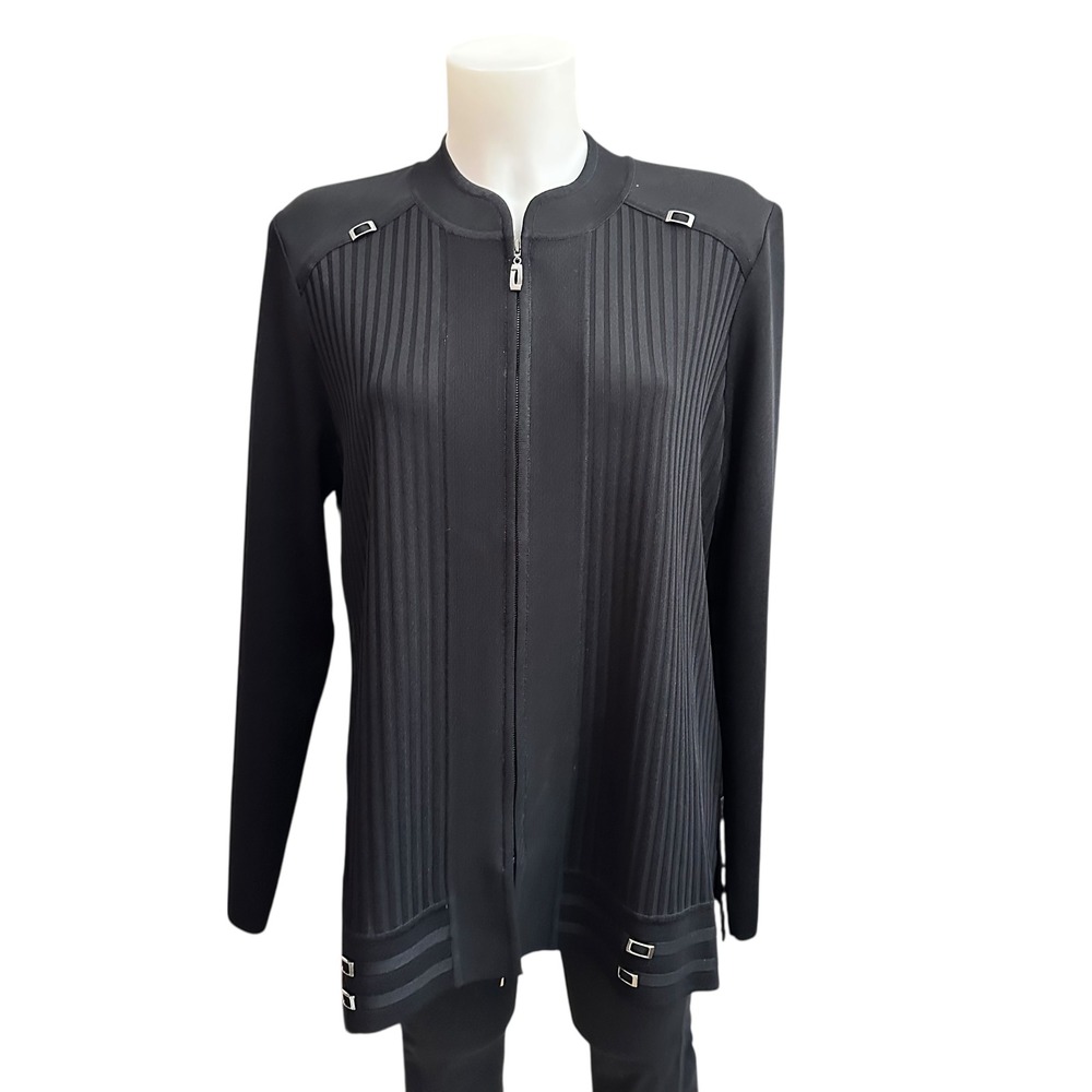 Exclusively Misook Black Ribbed Knit Semi Sheer Zip Cardigan Sweater Size  M vtg